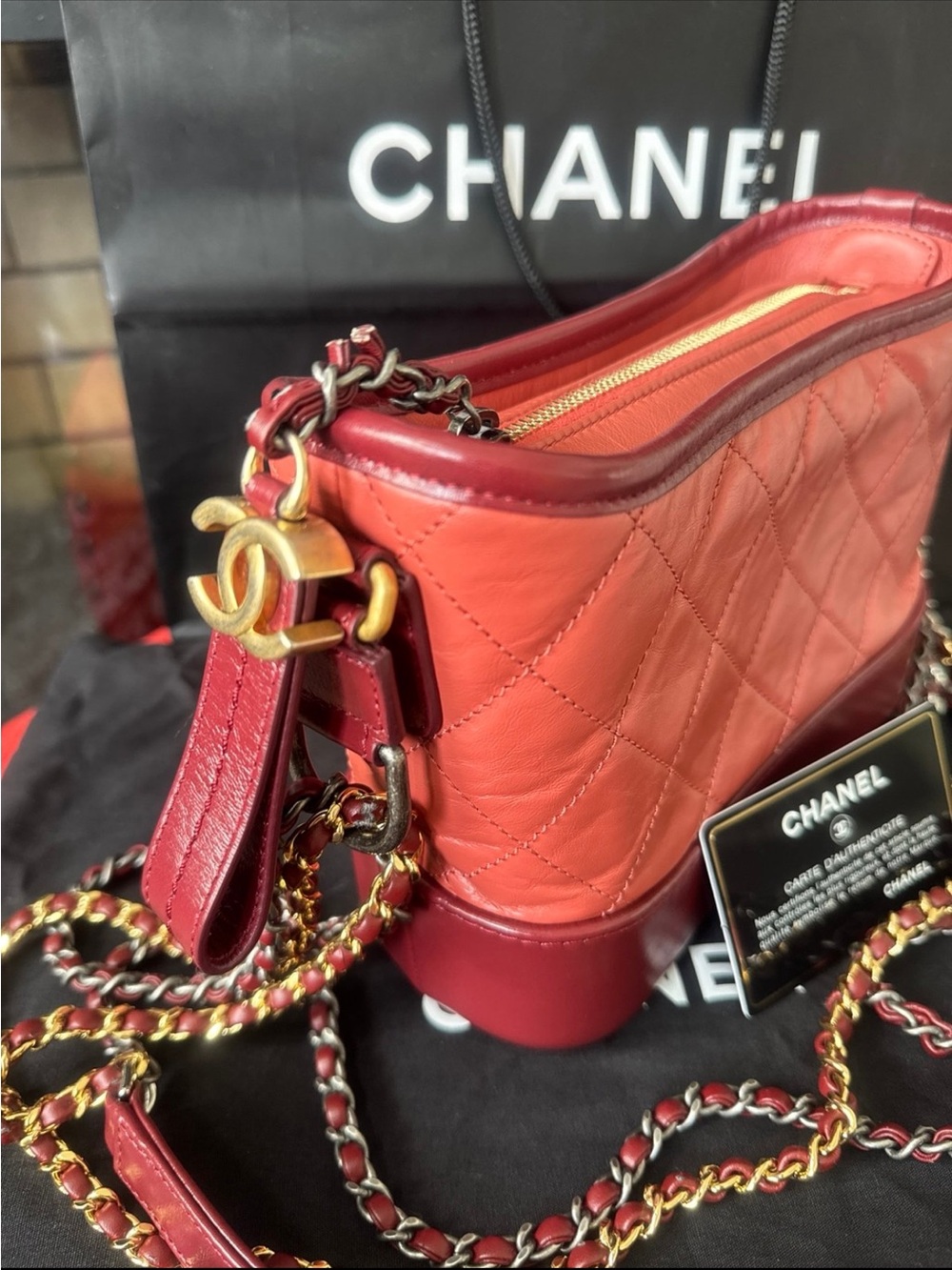 CHANEL Red Quilted Leather Crossbody with CC Charm and Chain Strap - Picture 13 of 13